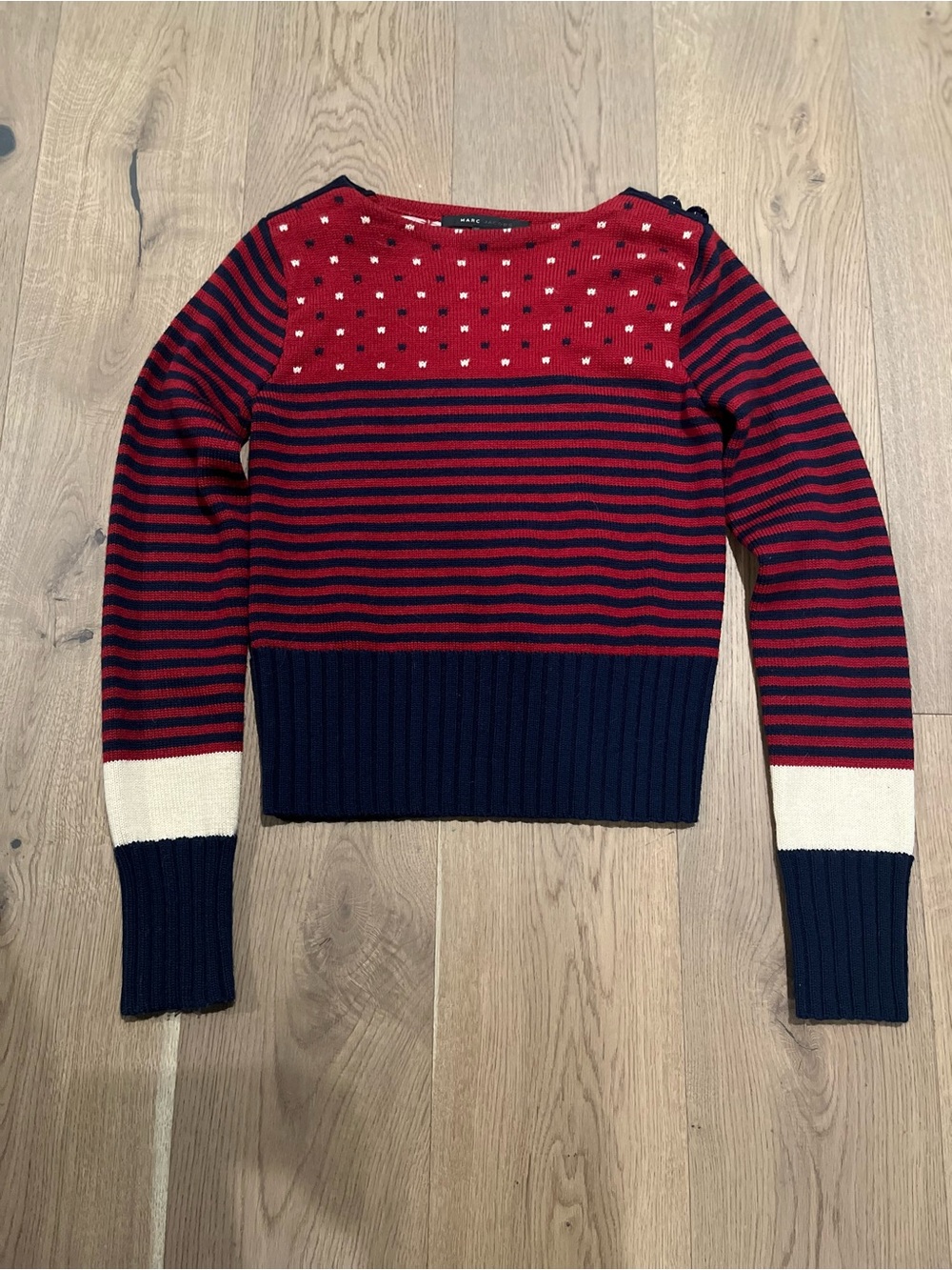 Marc Jacobs Red and Navy Striped Crewneck Sweater with Ivory Cuff Accent